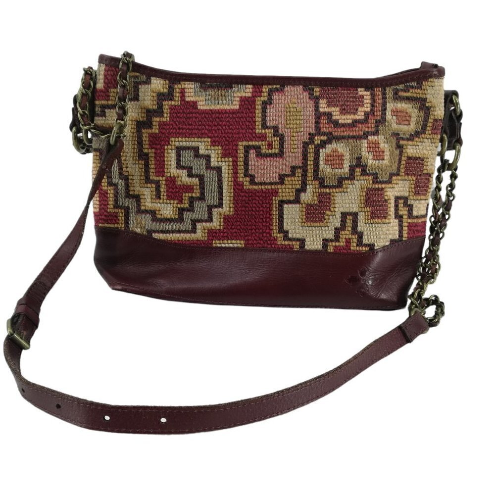 Patricia Nash Brown Leather Tapestry Purse Handbag Shoulder Zipper Pockets Chain
